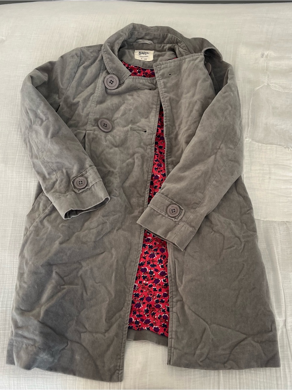 Boden Gray Velvet Trench Coat with Red Floral Lining
